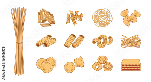 Illustration showcasing a variety of uncooked pasta shapes including spaghetti penne and farfalle types