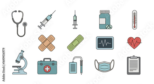 Collection of medical equipment and healthcare icons including stethoscope and syringe on a white background