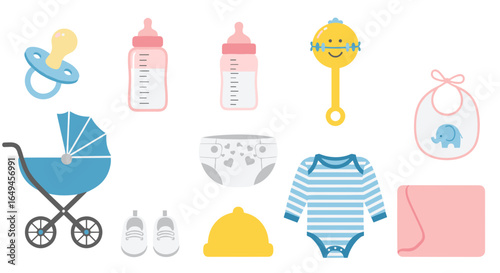 Illustration of various baby items including bottles, stroller, clothes and accessories displayed nicely