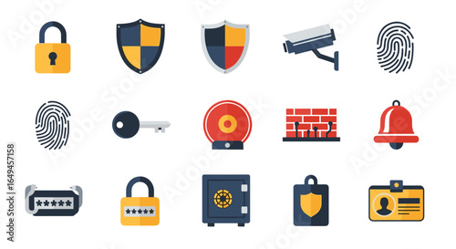 Illustration showcasing various security measures including locks shields and surveillance equipment icons