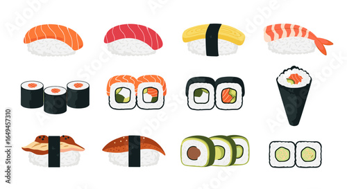 Assortment of twelve sushi pieces including nigiri maki and temaki rolls on a white background view
