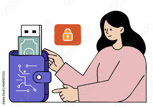 A woman securely manages finances with a digital wallet. Modern illustration showcasing security and financial control. Clean, professional design.