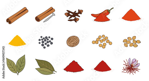 Illustration of various spices including cinnamon, cloves, pepper, saffron, and bay leaves displayed nicely