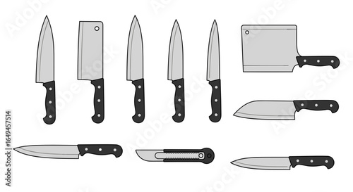 Illustration showing a variety of kitchen knives including chef knives and a meat cleaver on white