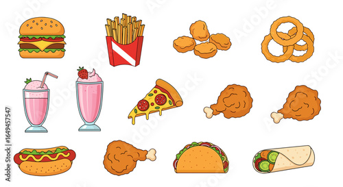 Illustration of a variety of fast food items including burger fries chicken nuggets pizza and milkshakes