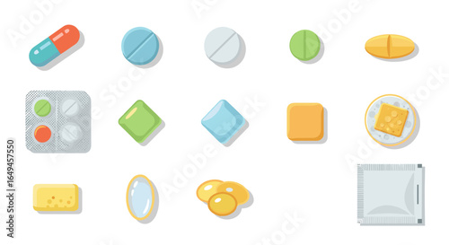 Assorted pharmaceutical pills and capsules in various shapes and colors on a white background view