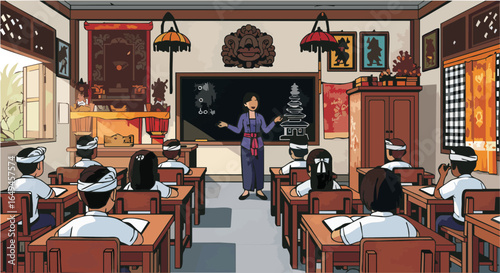 16082025_Balinese Classroom Scene with Teacher and Students, Vector Illustration
Vector illustration of a Balinese classroom scene with students sitting at desks, teacher wearing kebaya teaching at th