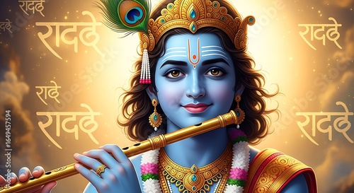 Lord Krishna Portrait with Flute and Radhe Radhe Mantra, Hindu God