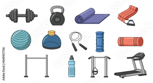 Illustration showing various fitness equipment including weights, mat, and treadmill for exercising