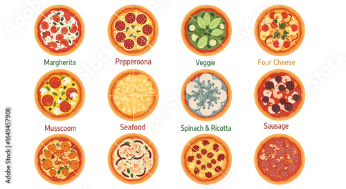 Collection of twelve different types of pizzas including margherita pepperoni veggie and four cheese pizza