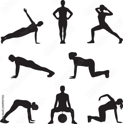 Silhouettes of People Performing Various Fitness Exercises workout