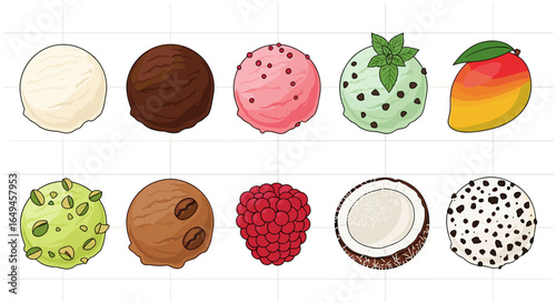 Illustration showing ten different flavors of ice cream scoops in two rows on a white background grid pattern