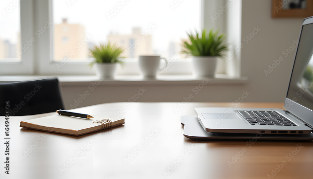 Fototapeta premium Modern home office setup with laptop and notepad, productivity space