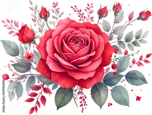 Floral bouquet with red roses. Stunning rose cluster in soft colors. Hand-painted red roses and buds. Detailed rose artwork with leaves. Fresh roses in watercolor style
