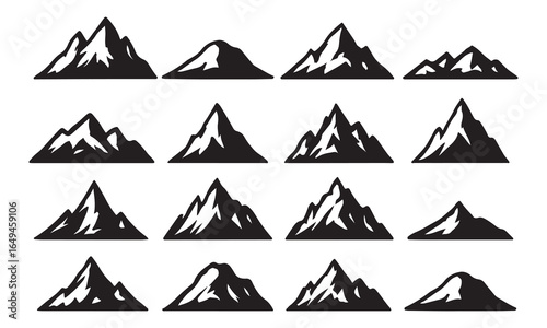 A set of mountain icons featuring various landscapes, from snow-capped peaks to grassy hills, in a modern vector style