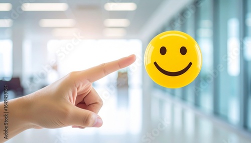 Scene with finger pointing at bright yellow smiling face emoji