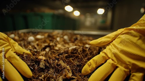 Handling Organic Waste Yellow Gloves in Dimly Lit Environment for Compost and Recycling Focus