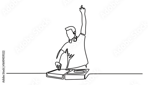 continuous line art of a man working as a disc jockey in action and playing his music