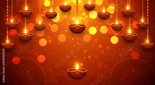 Festive Diwali Background with Glowing Diya Lamps and Bokeh Lights