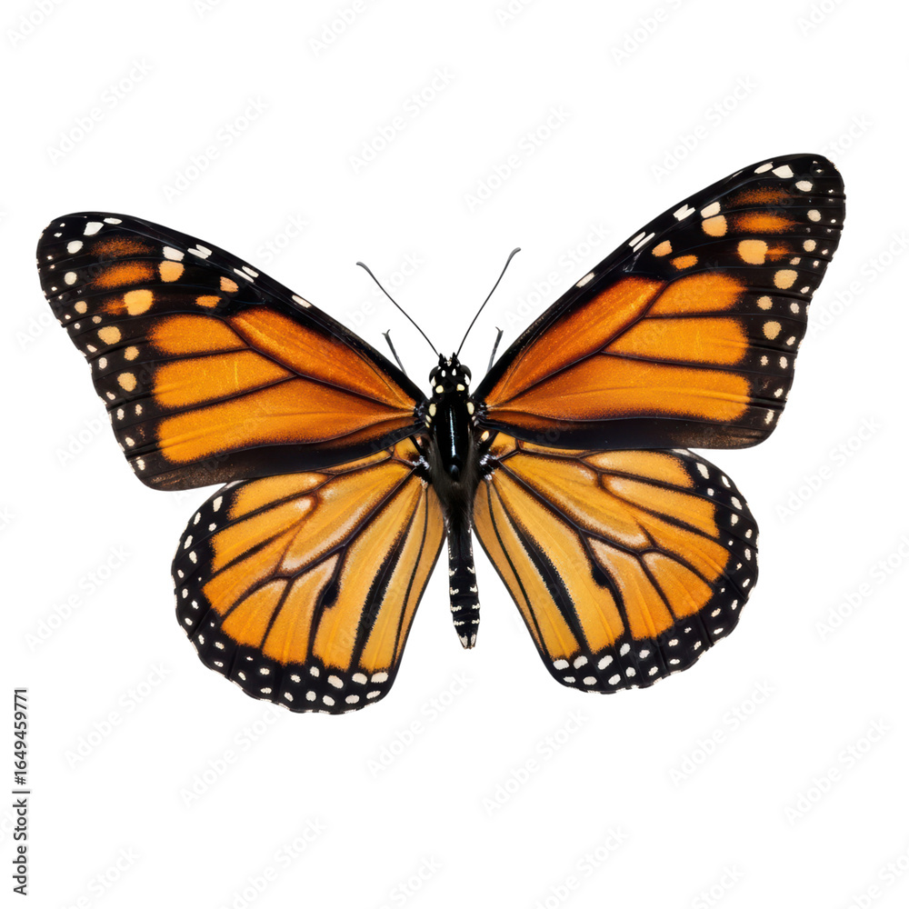 Fototapeta premium Vivid monarch butterfly with orange and black pattern on transparent background
