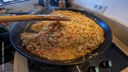Finished Paella in a Pan Ready to Serve. Traditional Spanish Rice Dish