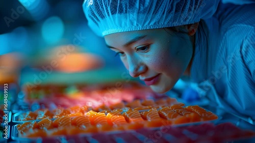 Focused Worker Inspects Colorful Gummy Candy Trays in Factory Setting with Bright Lighting and Food Processing Focus