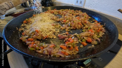 Finished Paella in a Pan Ready to Serve. Traditional Spanish Rice Dish