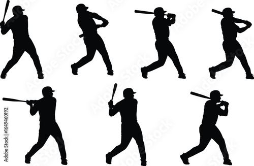Baseball player silhouettes in batting sequence, from stance to follow‑through, sports motion study vector set for athlete posture and design use
