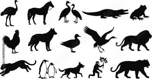 Silhouettes of wild and domestic animals including horse, lion, wolf, penguin, monkey, crocodile, birds, and more, vector black shapes