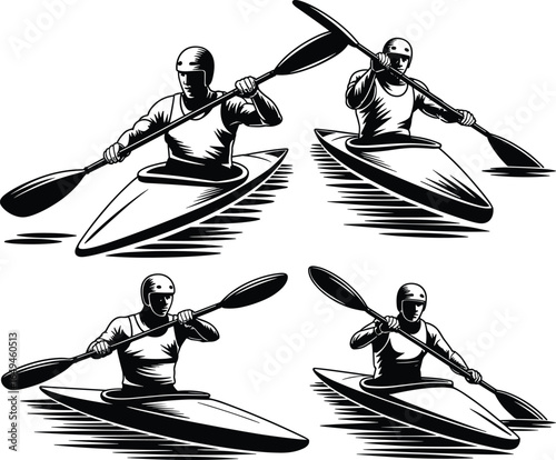 Four kayaking illustrations in dynamic paddling positions, cad drawing flat vector illustration, water sport artwork set, active lifestyle design collection for outdoor recreation