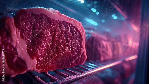 Modern Neon Lit Refrigerator Display Showcasing Raw Beef Steaks with Vibrant Lighting and Quality Texture