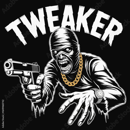 Menacing character with a gun and gold chain a menacing silhouette isolated on white background