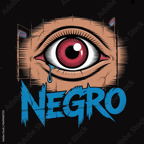 Stylized eye with red iris and tear with the word negro below isolated on white background silhouette