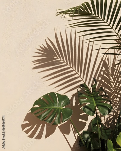 Tropical leaf shadows on a textured wall