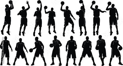 Basketball player silhouettes in dribbling, shooting, passing, and defensive poses with ball for sports training, coaching, and design projects