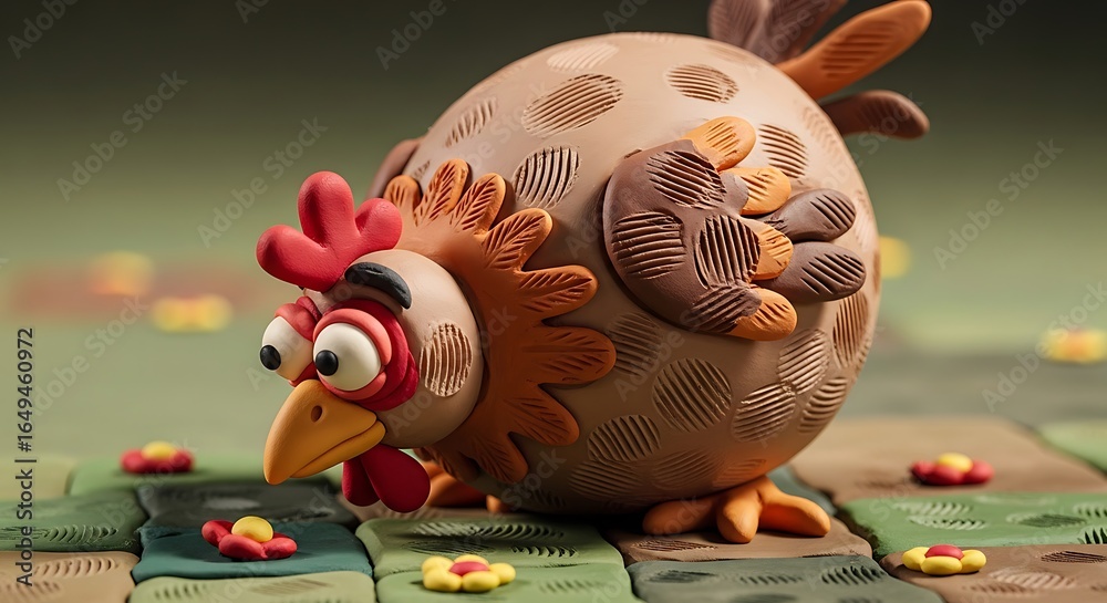 Fototapeta premium A whimsical and comical claymation chicken steals the scene in this charming, handcrafted world. 