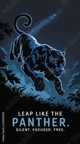 Dynamic black panther leaping through a dark forest with glowing eyes silhouette isolated on white background
