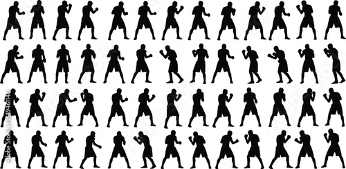 Boxer silhouettes in dynamic fighting stances, punching, guarding, sparring, and knockout poses, professional sports illustration for competitive boxing artwork