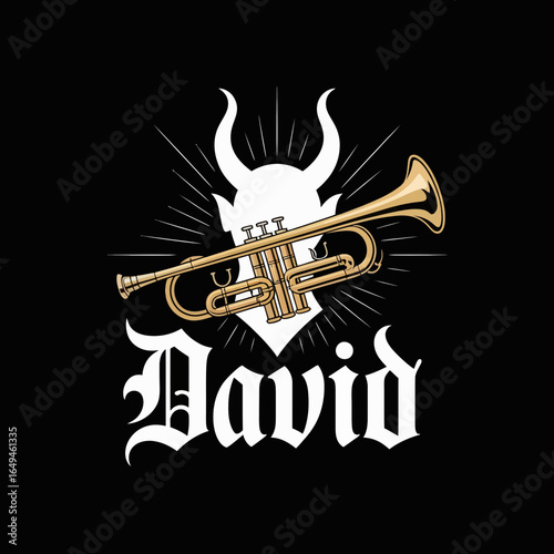 Golden trumpet with devil horns silhouette and david text isolated on white background