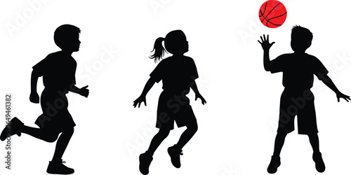 Children silhouettes running, jumping, and playing basketball, dynamic youth sports and fitness illustration artwork for active lifestyle and teamwork themes