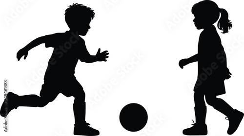 Children playing soccer silhouettes, dynamic football action poses with ball control, running and teamwork, outdoor sports illustration for youth activity themes