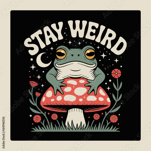 Whimsical frog sits on a mushroom with stay weird text silhouette isolated on white background