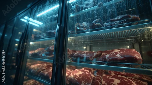 Dimly Lit Supermarket Meat Display Moody Atmosphere with Beef Behind Glass Doors in Refrigeration Aisle