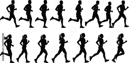 Running silhouettes of male and female athletes in motion, sprinting and jogging, dynamic sports illustration for fitness, marathon, and track design
