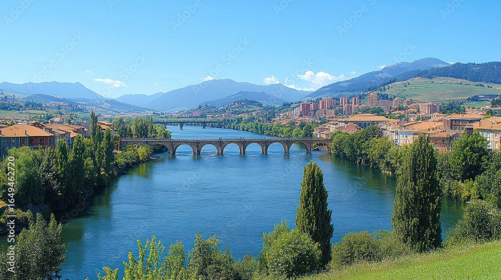 Fototapeta premium Sunlit Panorama of Ourense, Spain: The Ancient Ponte Vella Spanning the Deep Blue Mi?o River
