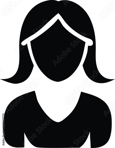 Simple black silhouette icon of a woman with shoulder length hair and a blouse