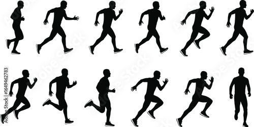 Sequence of running athlete silhouettes showing ten stages of stride cycle, dynamic human motion reference for sports, animation, and training design