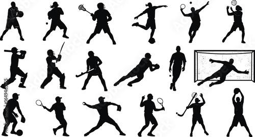 Silhouettes of athletes in 17 different sports including basketball, soccer, tennis, hockey, baseball, lacrosse, and volleyball, sports vector set