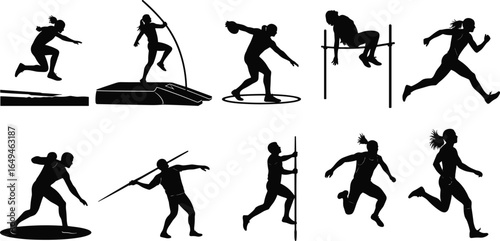 Silhouettes of athletes performing track and field events including running, jumping, throwing, and pole vault for sports, training, and design use