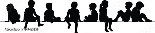 Silhouettes of children sitting in various poses, playful and relaxed, lifestyle illustration for friendship, childhood memories, and educational design